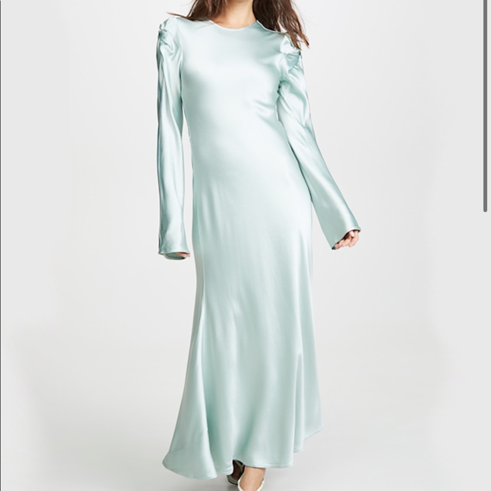 Maggie Marilyn Blue Green Silk Puff sleeve knot dress Size Large Wedding Guest